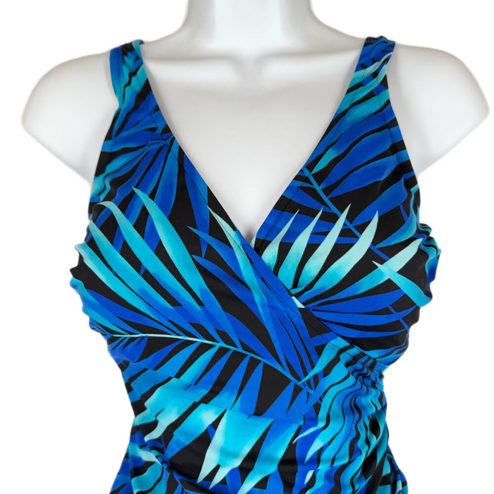 Carribean Joe Swimsuit 12 Turquoise Royal Blue and Black Foliage Tummy Control - Picture 3 of 9